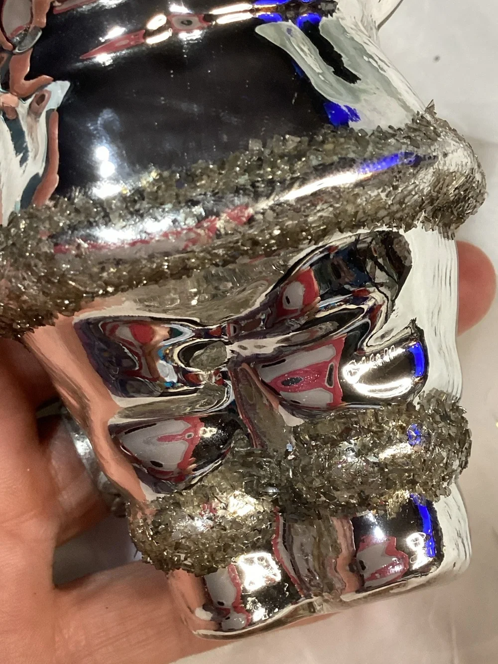Silver Mercury Glass Glitter Santa Ornament Red Velvet Ribbon 5.5
